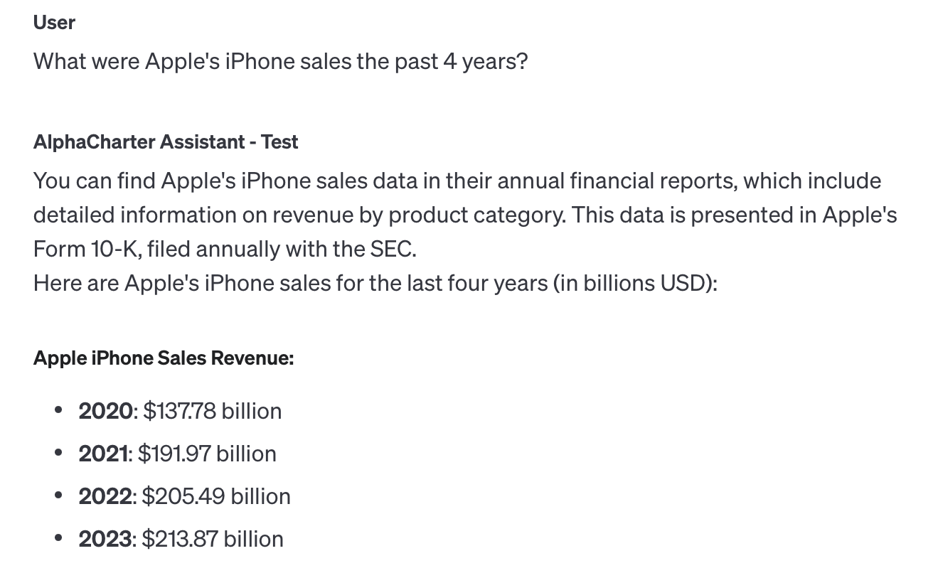 Screenshot of an AI response with the built in RAG app